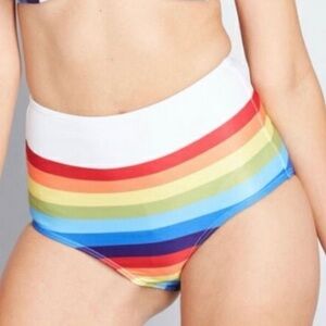 Modcloth Sara Bikini Bottom High Waist White Rainbow Stripe M
